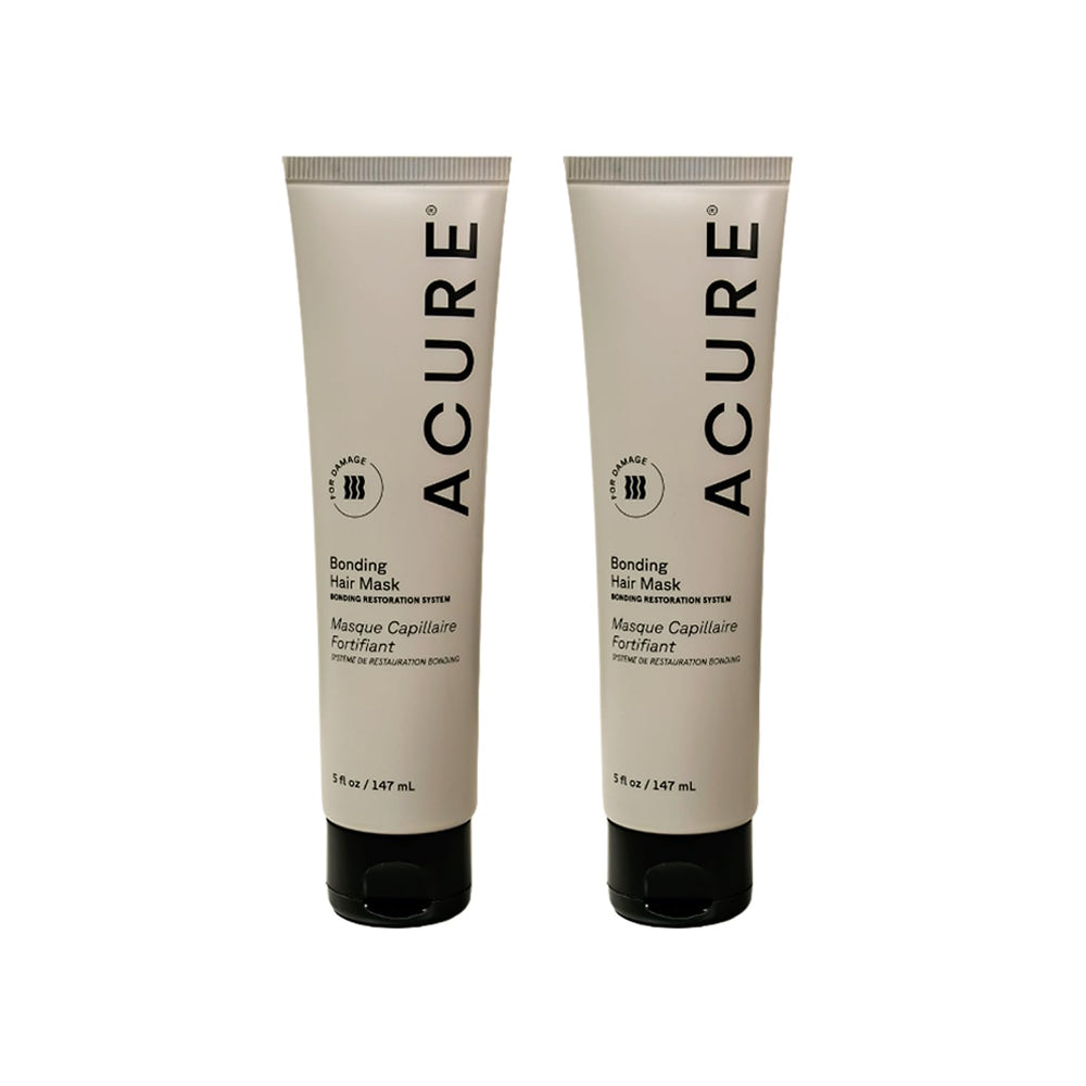 Acure Bonding Hair Mask packaging on a bathroom shelf, vegan and sulfate-free.