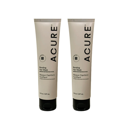 Acure Bonding Hair Mask packaging on a bathroom shelf, vegan and sulfate-free.