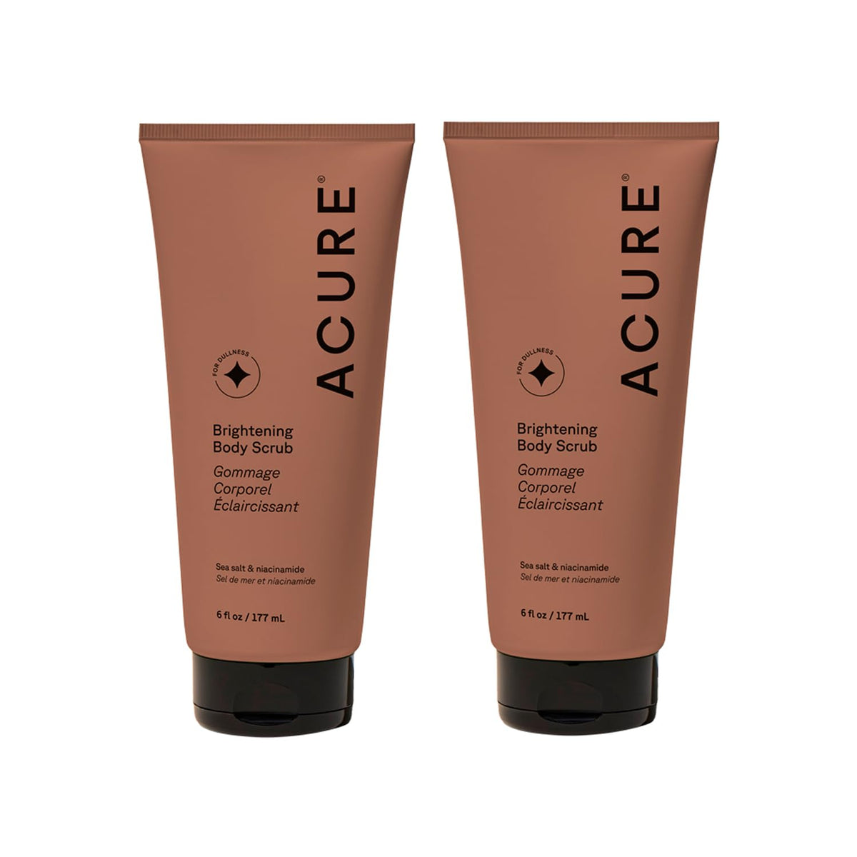 Acure Brightening Body Scrub bottle with sea salt for smooth, radiant skin.