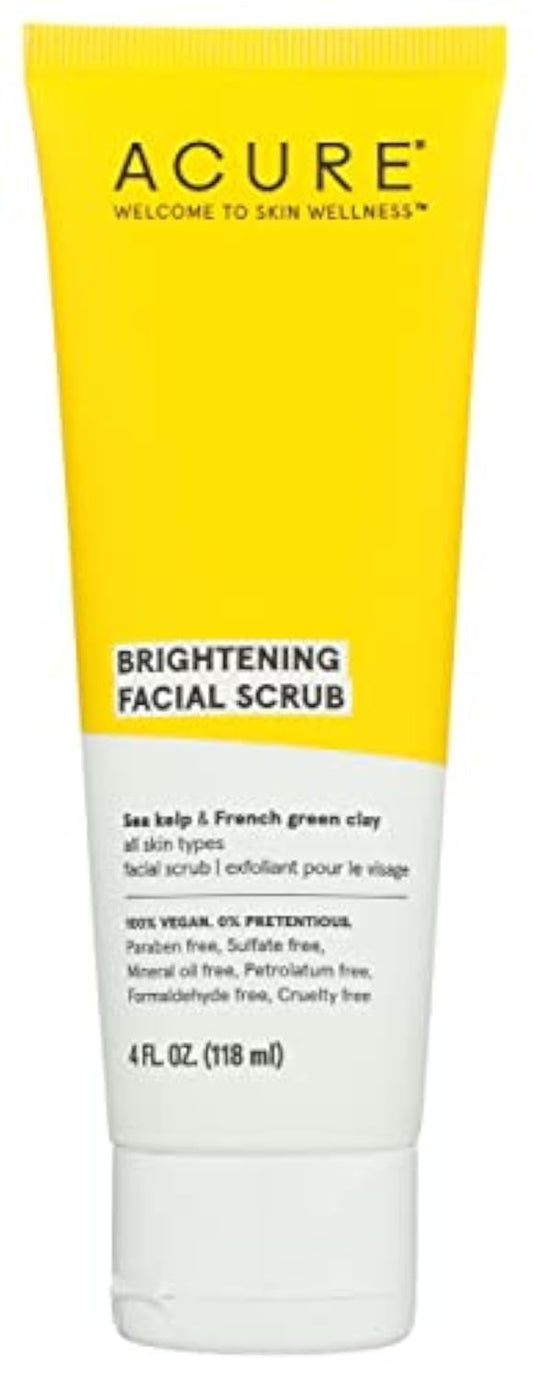 Acure brightening facial scrub bottle, gentle exfoliation for brighter skin