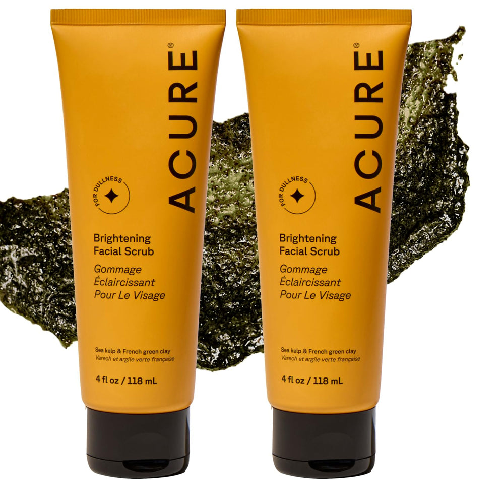 Acure Brightening Facial Scrub packaging with two bottles for daily cleansing