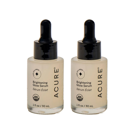 Acure Brightening Glow Serum bottle bathed in light for radiant, healthy-looking skin