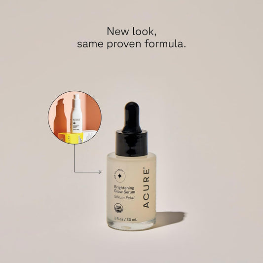 Acure Brightening Glow Serum pump-top close-up shows easy daily application