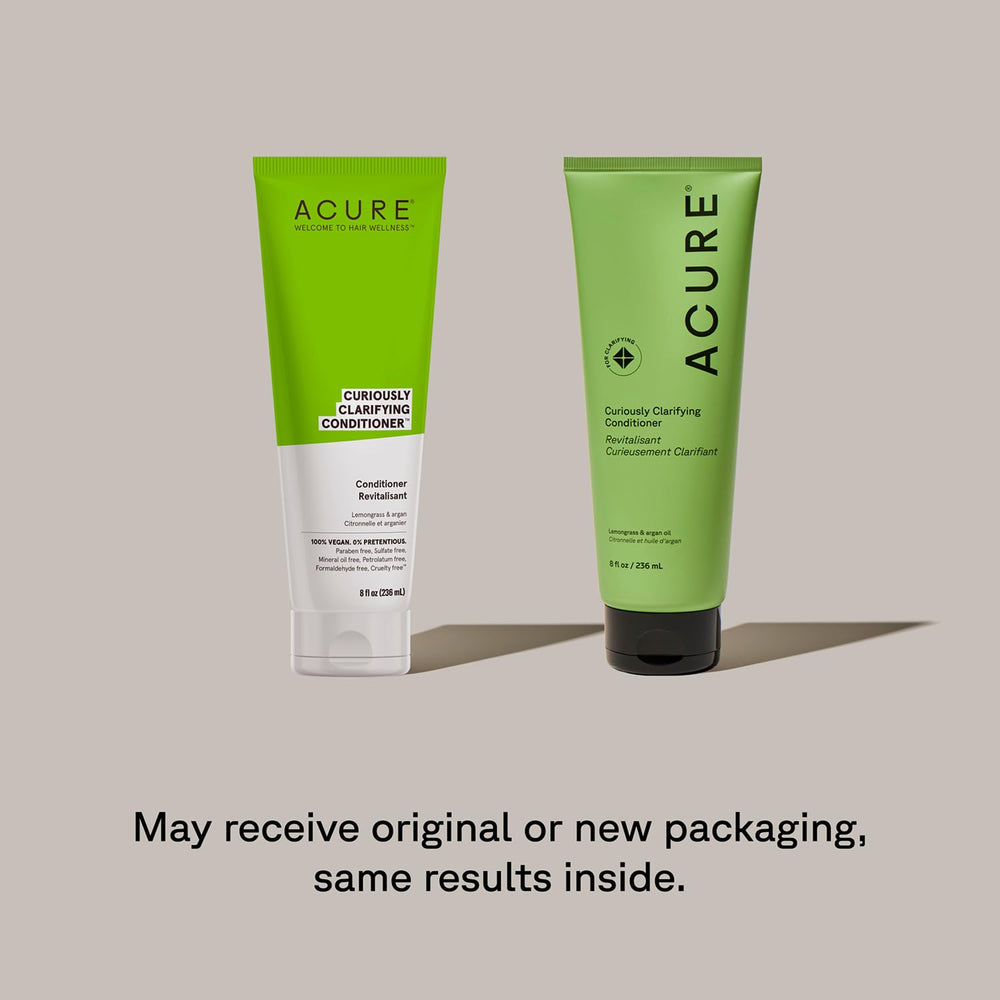 Acure Curiously Clarifying Conditioner bottle delivering hydrating shine and manageability