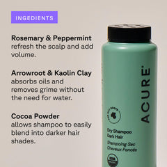 Acure non-aerosol dry shampoo tin emphasizes clean, vegan formula suitable for dark hair tones.