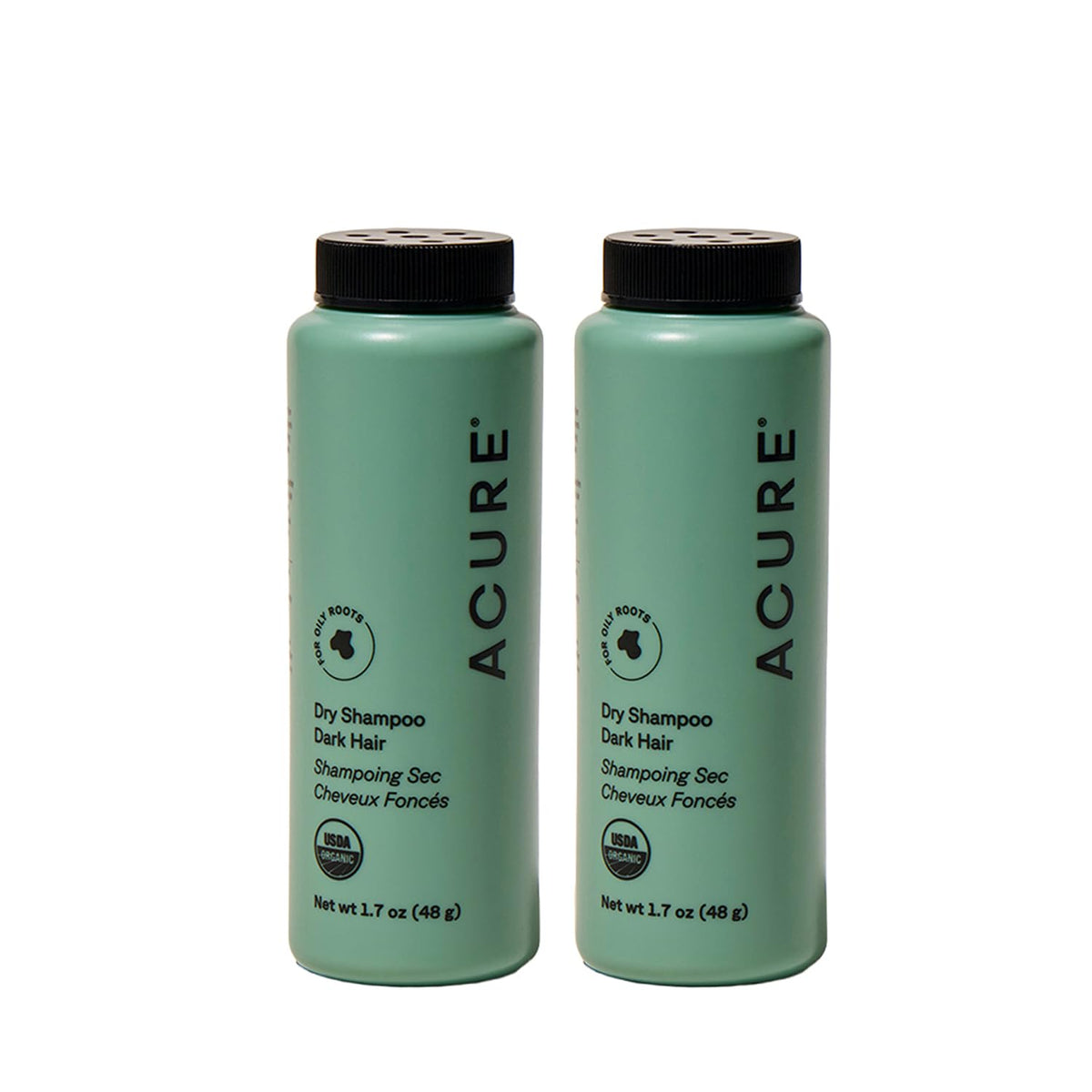 Acure Dry Shampoo travel-size bottle highlights brunette tones and refreshing texture between washes.