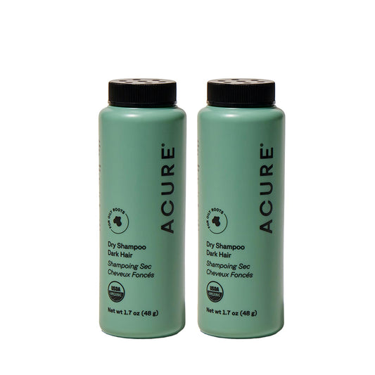 Acure Dry Shampoo travel-size bottle highlights brunette tones and refreshing texture between washes.