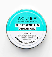 Acure The Essentials Argan Oil Capsules bottle with travel-friendly packaging for on-the-go skincare
