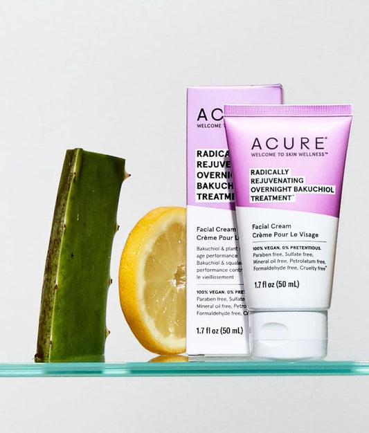 Acure Bakuchiol facial cream jar demonstrates gentle hydration suitable for sensitive skin.