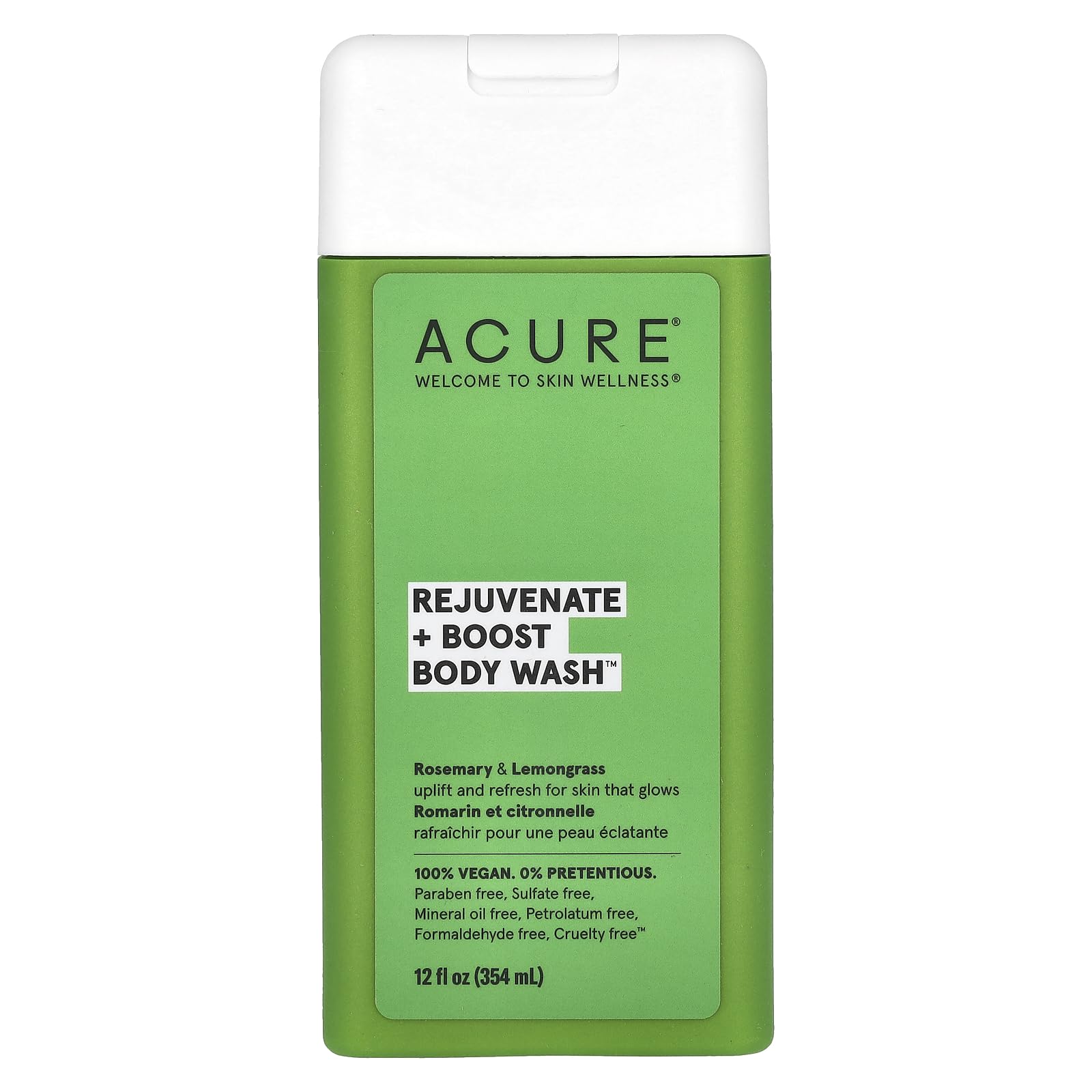 Acure Rejuvenate + Boost Body Wash bottle pour with uplifting rosemary and lemongrass aroma.