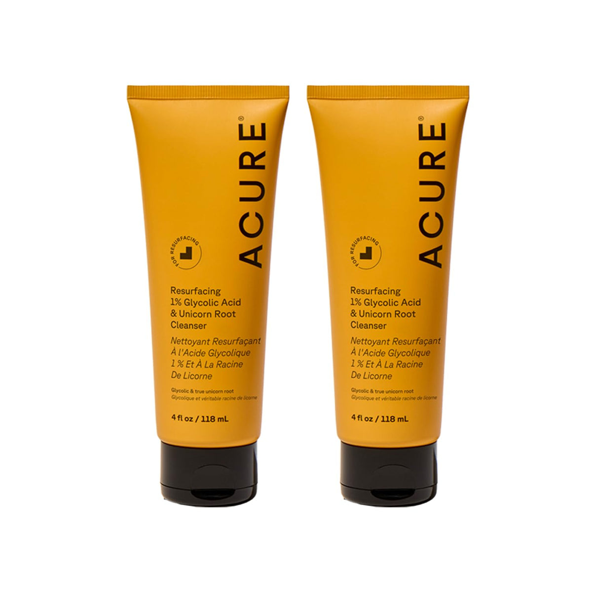 Acure Resurfacing cleanser bottle with pour demonstrates gentle exfoliation for brighter skin.