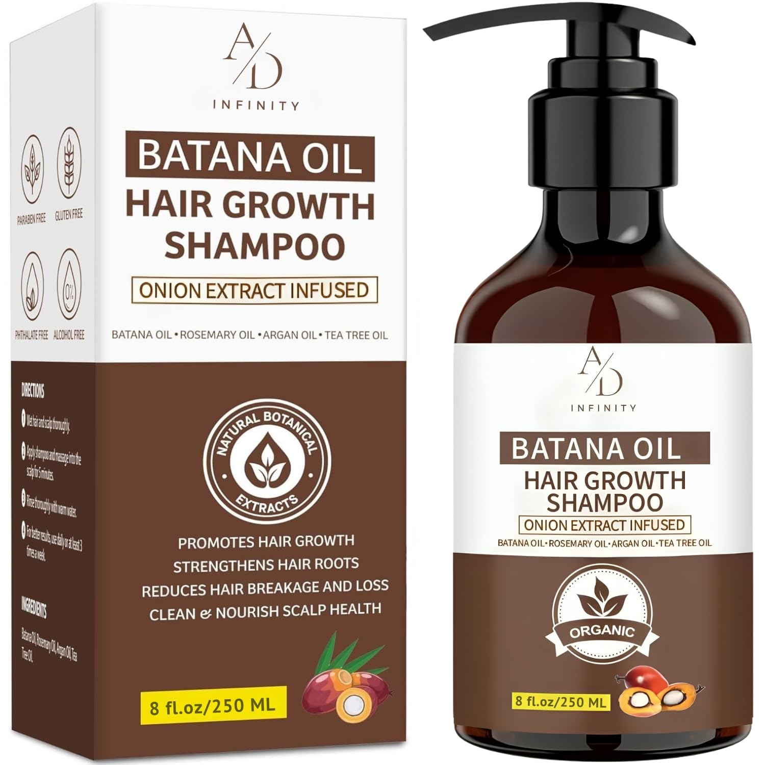 A/D Infinity Batana Oil Shampoo bottle shows organic formula for stronger roots.