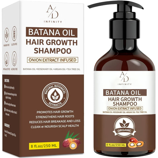 A/D Infinity Batana Oil Shampoo bottle shows organic formula for stronger roots.