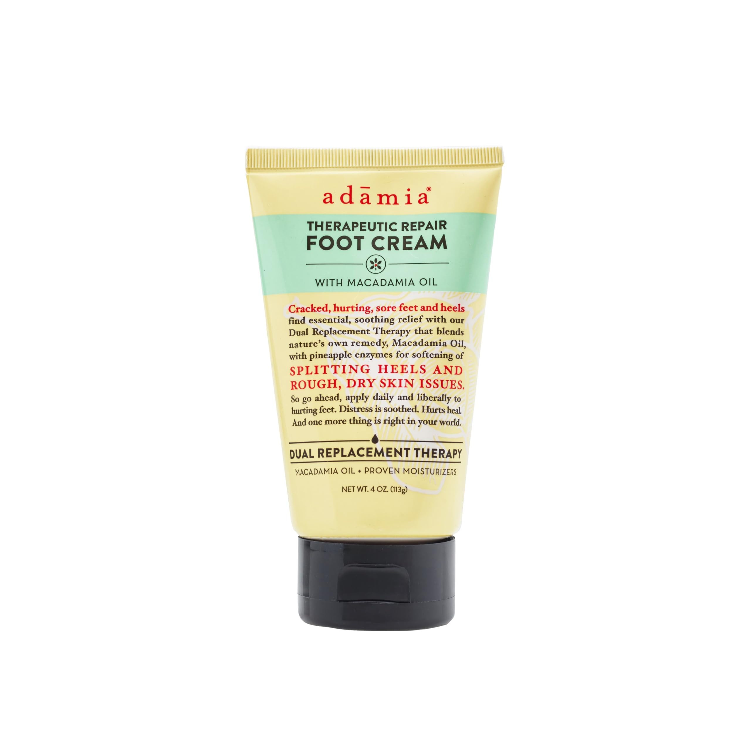 Adamia Therapeutic Repair Foot Cream tube featuring pure macadamia oil for intense hydration.