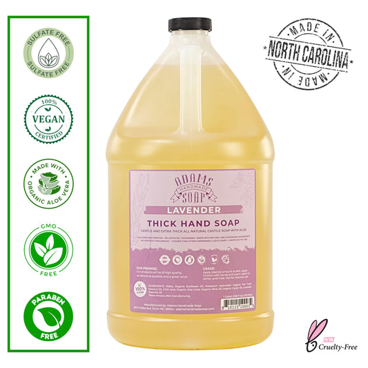 Adams Handmade Soap 1-gallon refill showcases eco-friendly packaging and long-lasting hand washing solution.