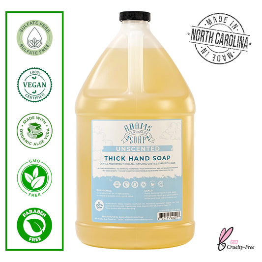 Adams Handmade Soap unscented gallon refill emphasizes eco-friendly, non scented formula