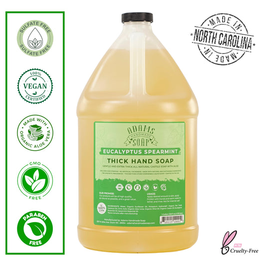 Adams Handmade Soap eucalyptus spearmint bottle highlights a refreshing scent for cleaning.