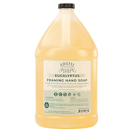 Adams Handmade Soap foaming soap in a bottle pour for easy handwashing with eucalyptus scent