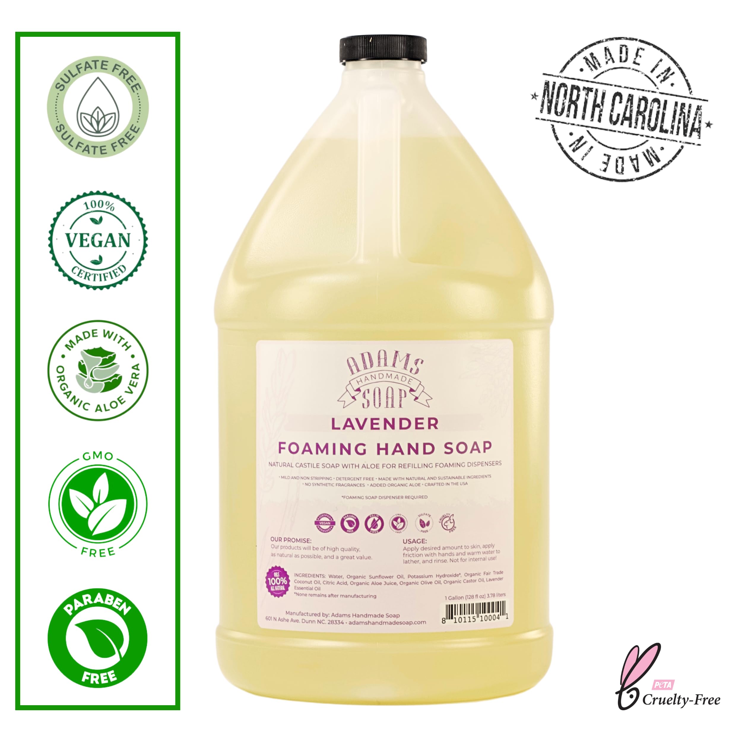 Adams Handmade Soap lavender foaming pump ready for hand washing.