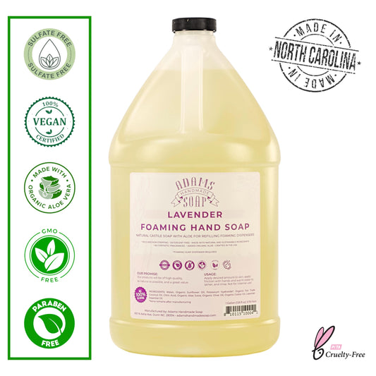 Adams Handmade Soap lavender foaming pump ready for hand washing.