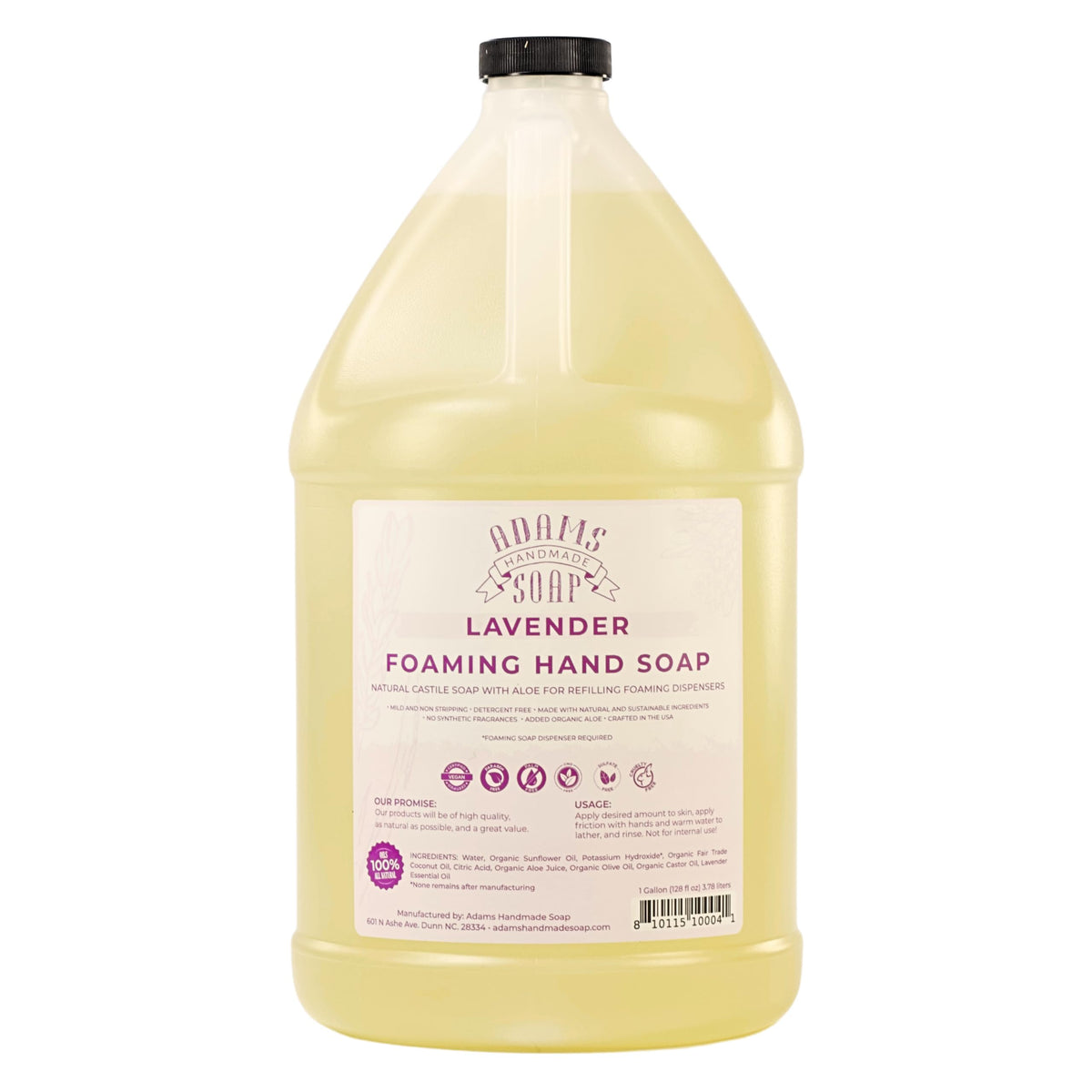 Adams Handmade Soap lavender liquid foaming soap bottle for easy refills.