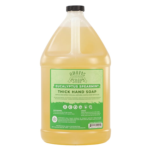 Adams Handmade Soap liquid castile bottle shows a thick, gentle formula for daily hand washing.