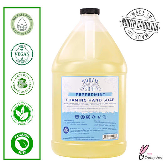 Adams Peppermint foaming soap 1 gal bottle dispense emphasizes quick hand washing with a clean aroma.