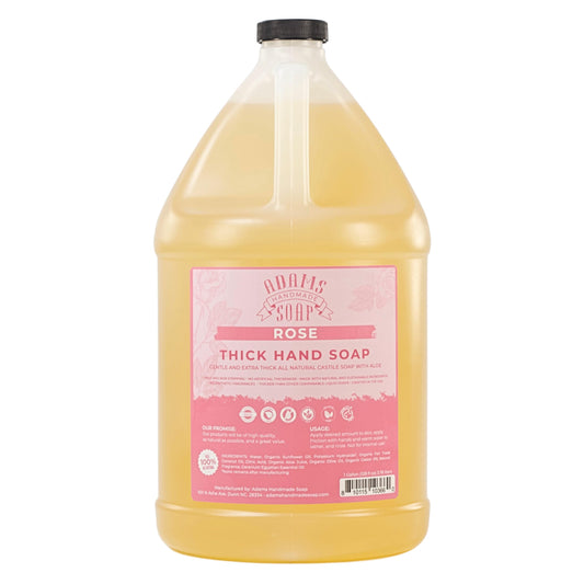 Adams Handmade Soap thick castile rose bottle pour shows premium hand wash texture