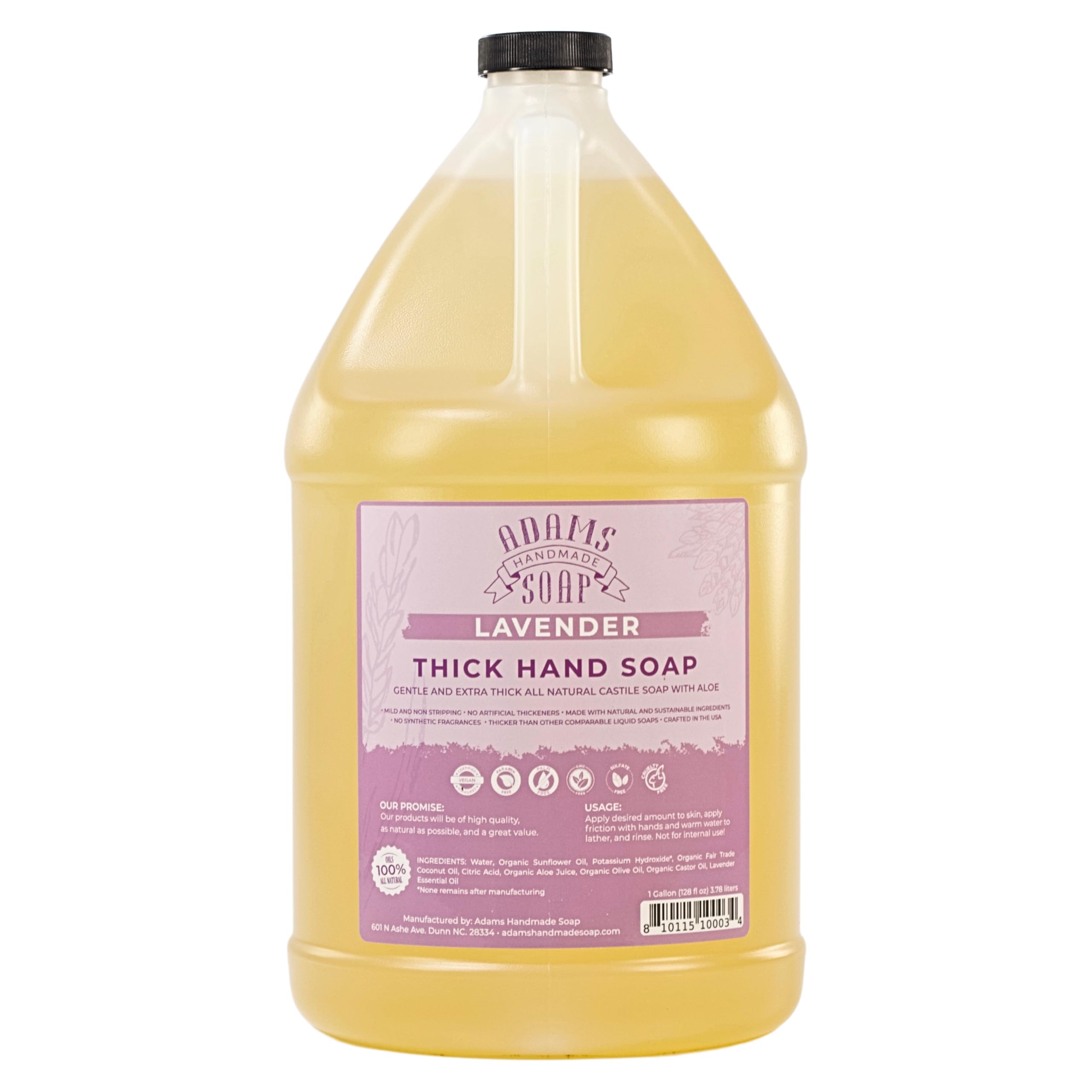 Adams Handmade Soap thick organic castile liquid bottle with lavender for gentle cleansing and a luxurious lather.
