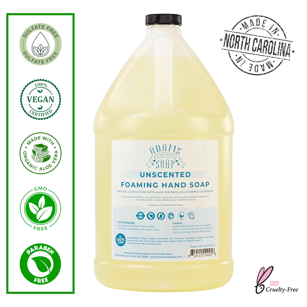 Adams unscented castile foaming hand soap highlighting gentle cleansing for hands