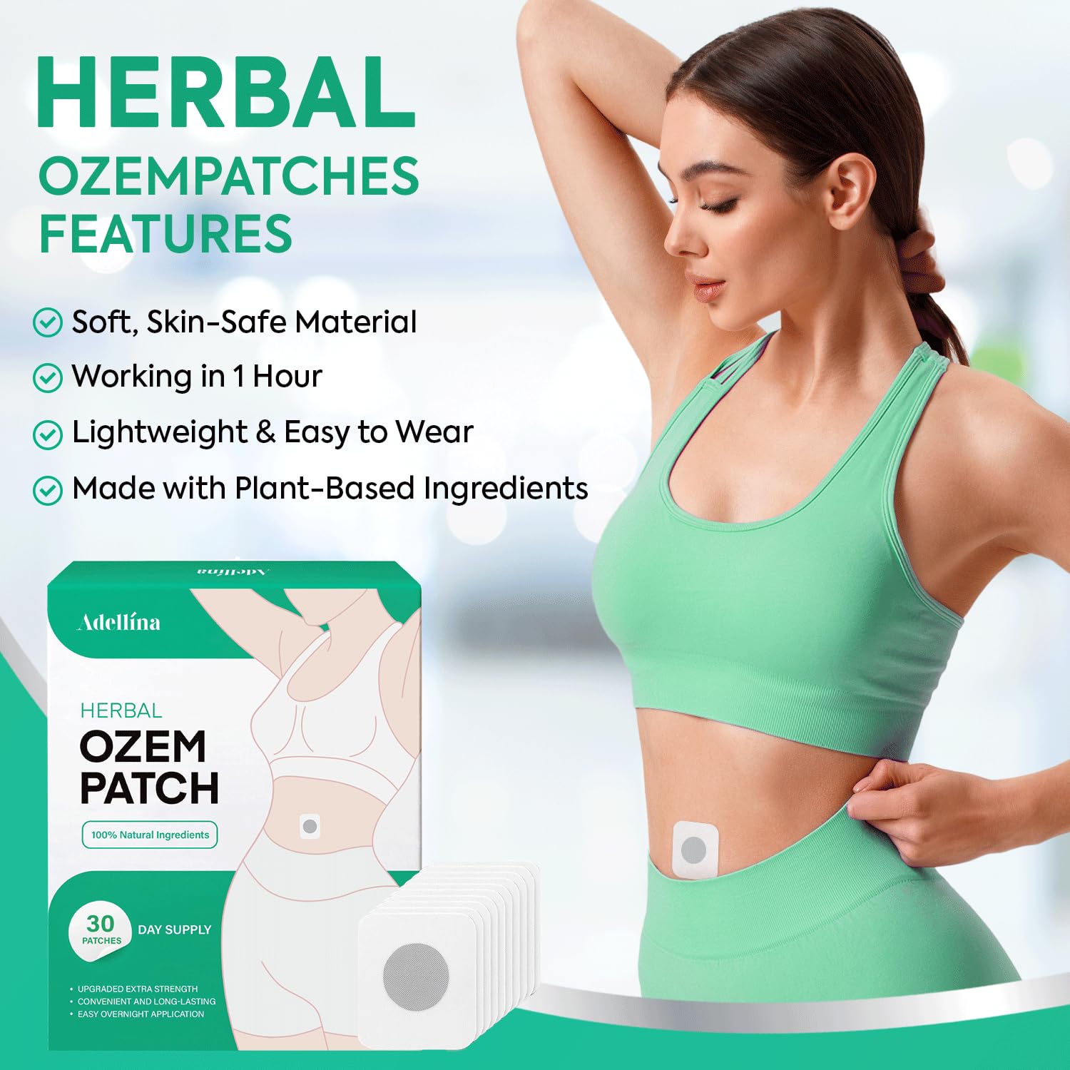 Adellina Ozempatch woman applying patch to abdomen for easy overnight use.