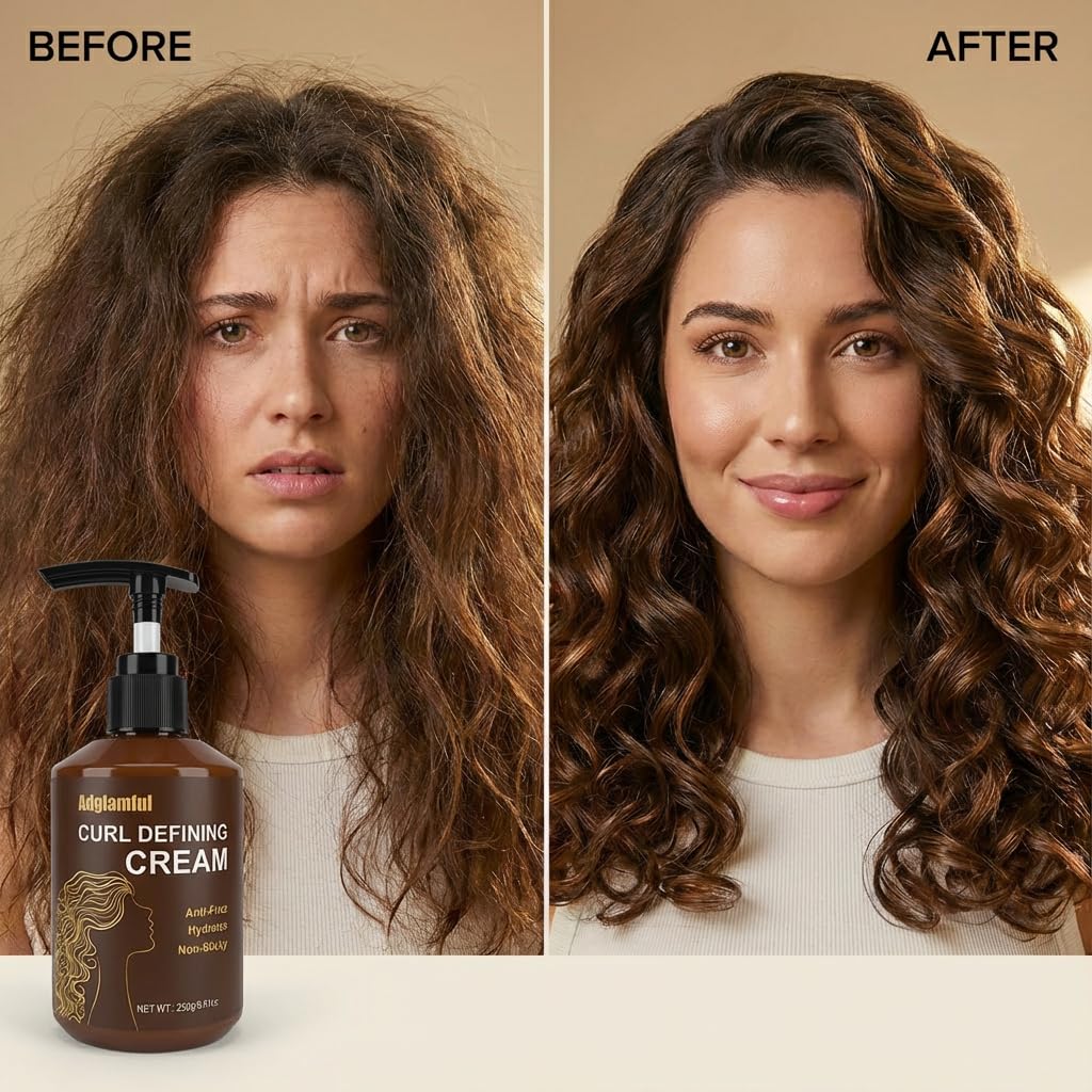Adglamful before and after curls showing enhanced definition and reduced frizz after use