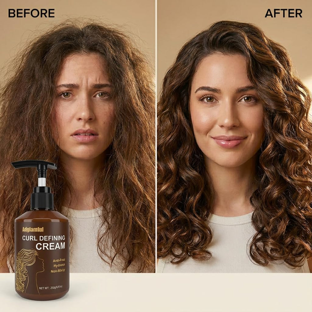 Adglamful before and after curls showing enhanced definition and reduced frizz after use