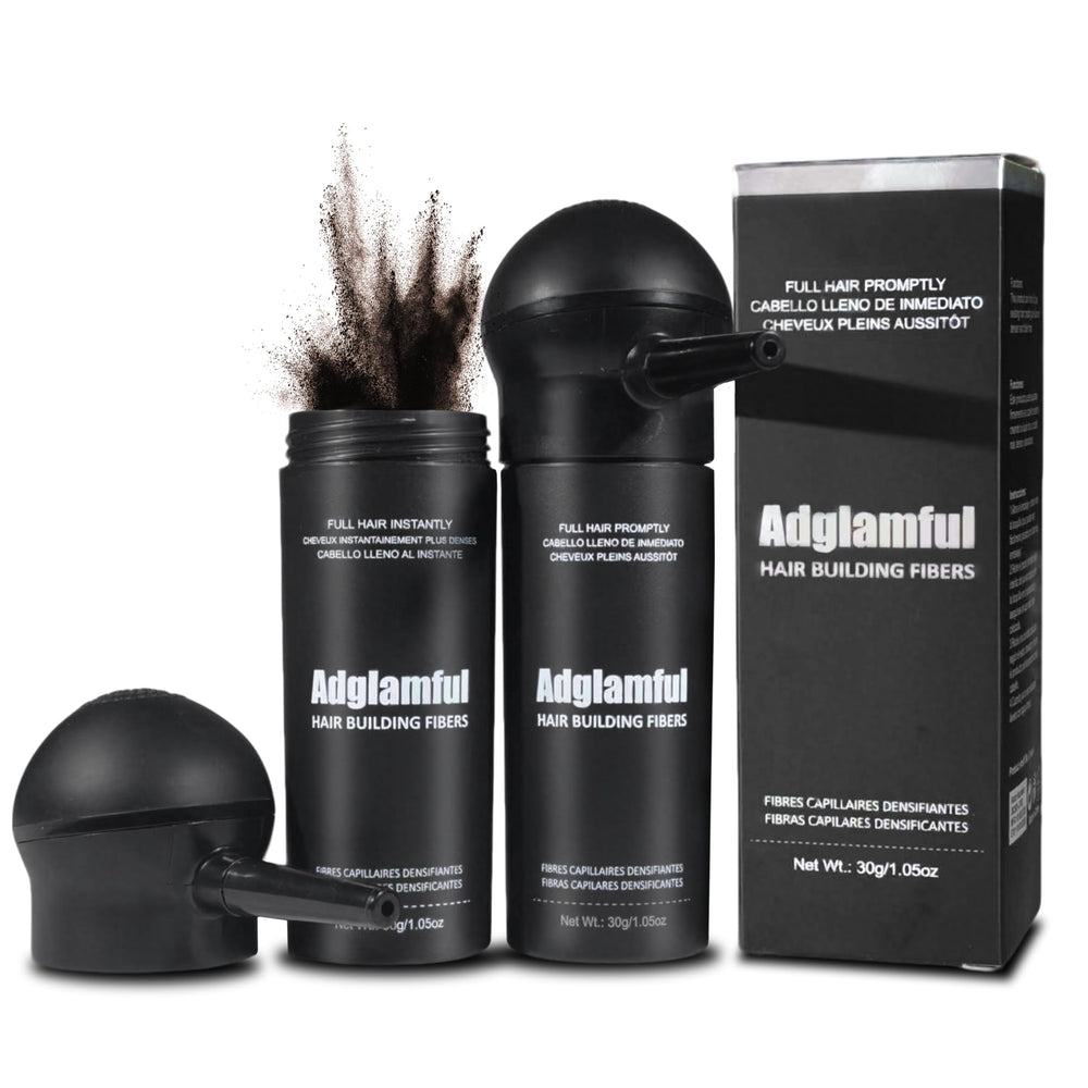 Adglamful two-pack hair fibers bottle close-up showing natural density boost