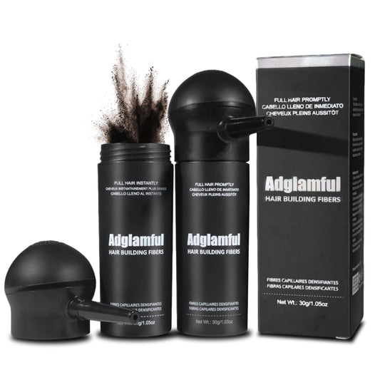 Adglamful two-pack hair fibers bottle close-up showing natural density boost