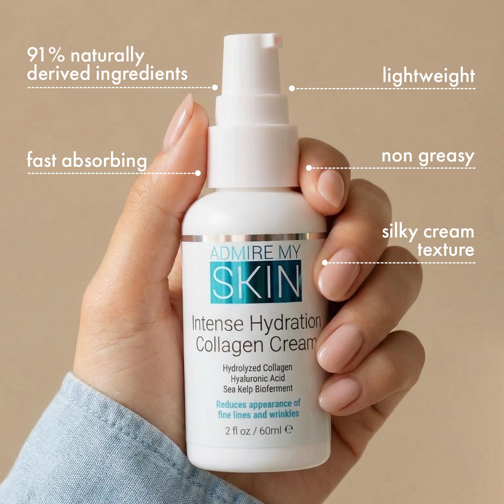 Admire My Skin Collagen Cream being applied to dry skin for soothing hydration.