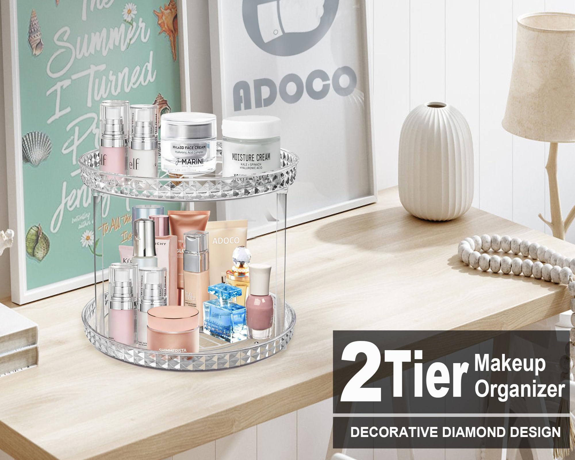 Adoco durable rotating vanity organizer supports heavy bottles without wobble.
