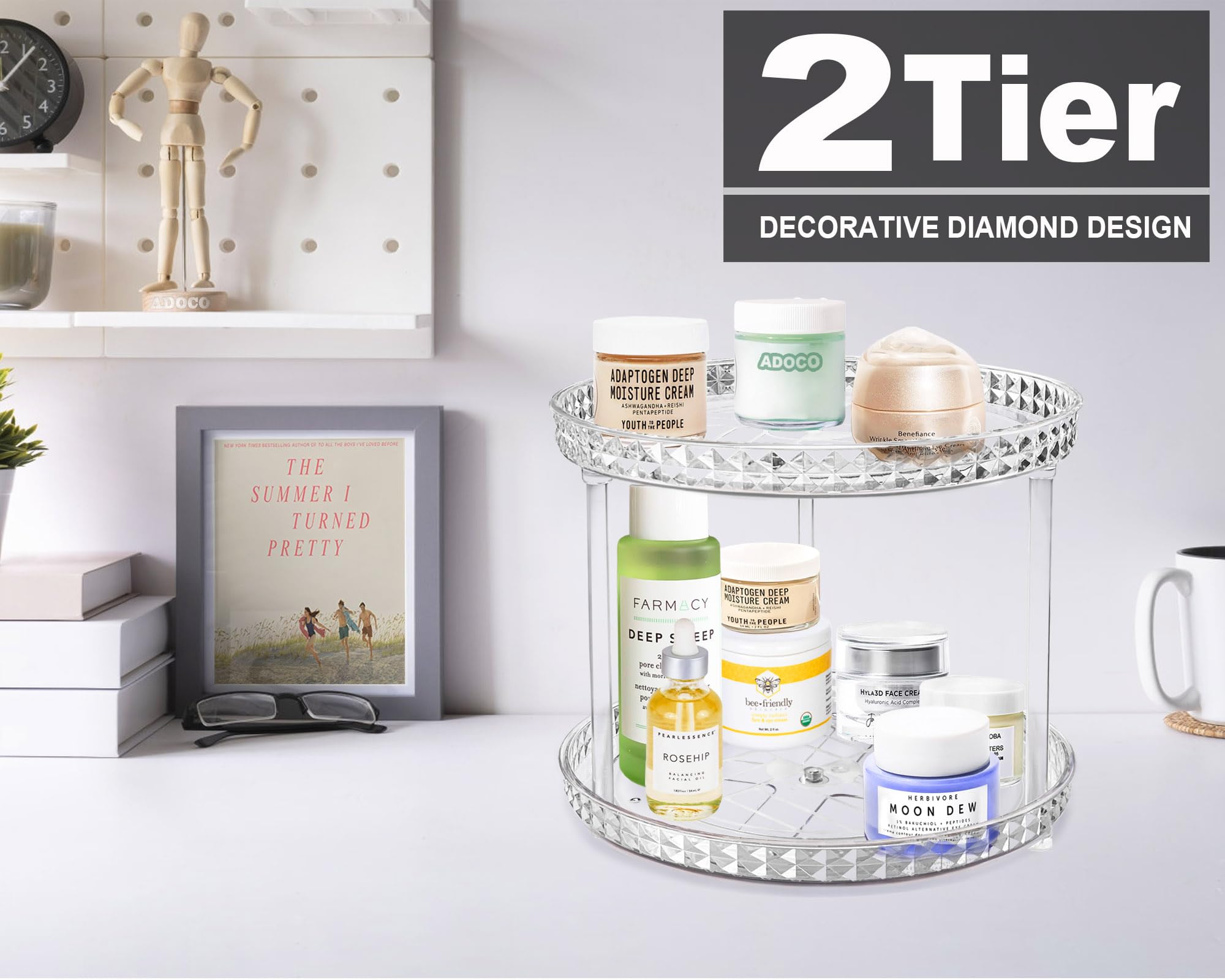Adoco clear 360-degree rotating cosmetic organizer keeps bottles visible and reachable.