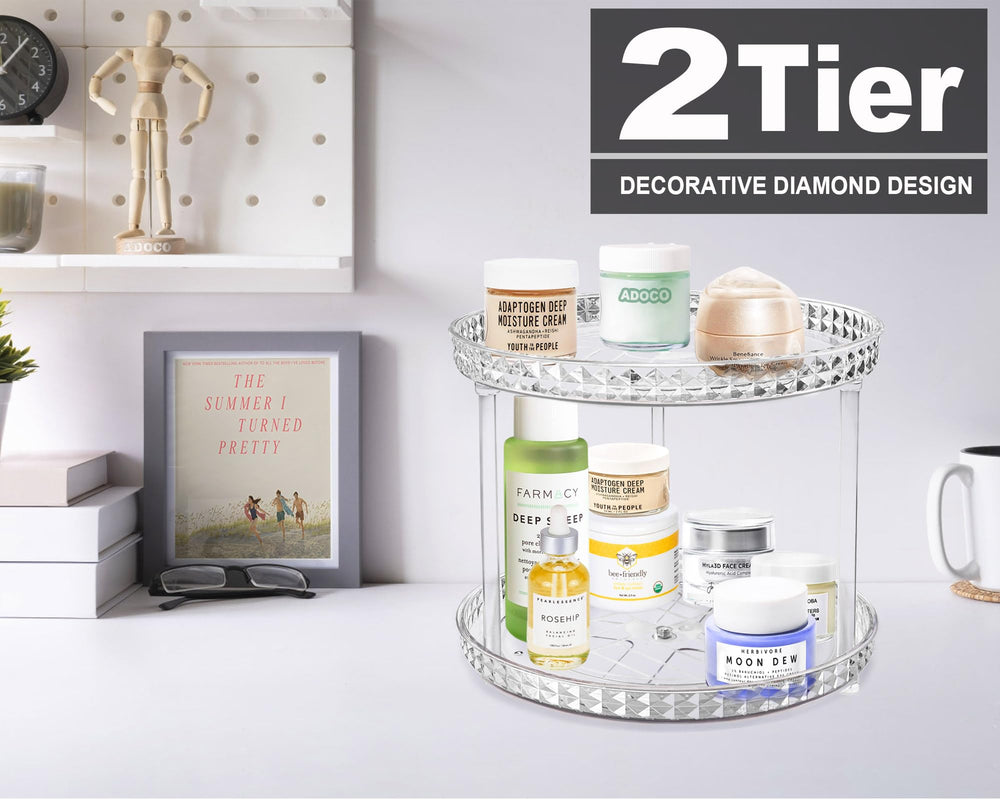 Adoco clear 360-degree rotating cosmetic organizer keeps bottles visible and reachable.