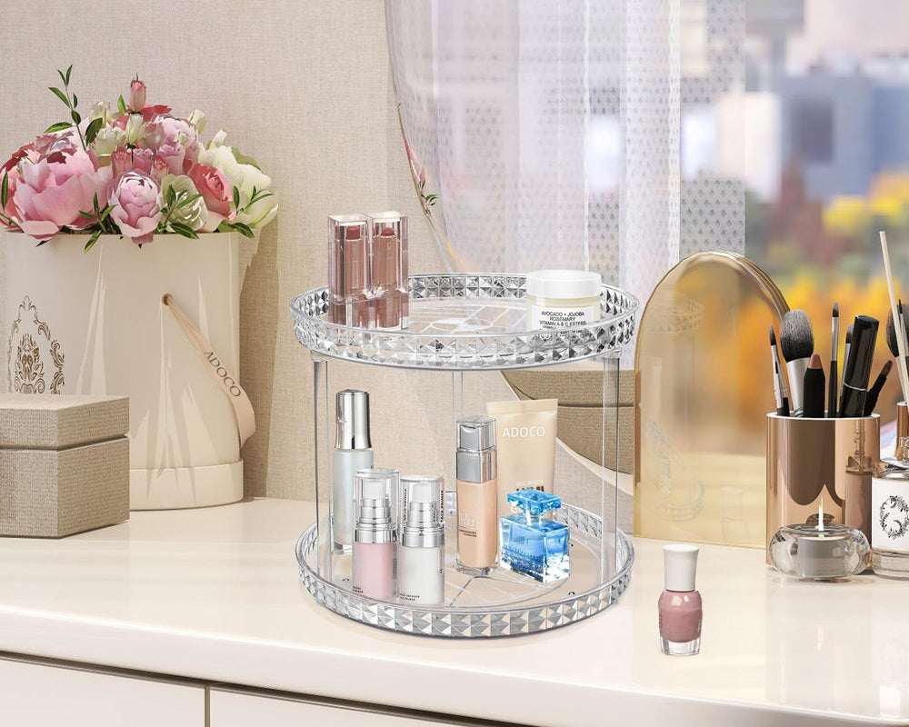 Adoco counter-top two-tier makeup tray maximizes storage while saving space.