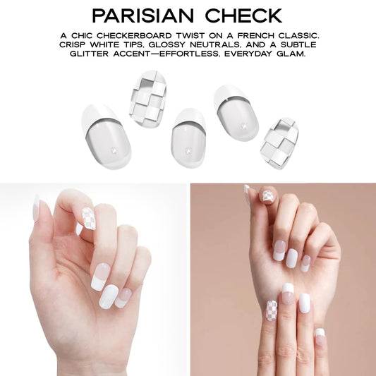 Application close-up shows easy stick-and-cure gel nail strips on nails.