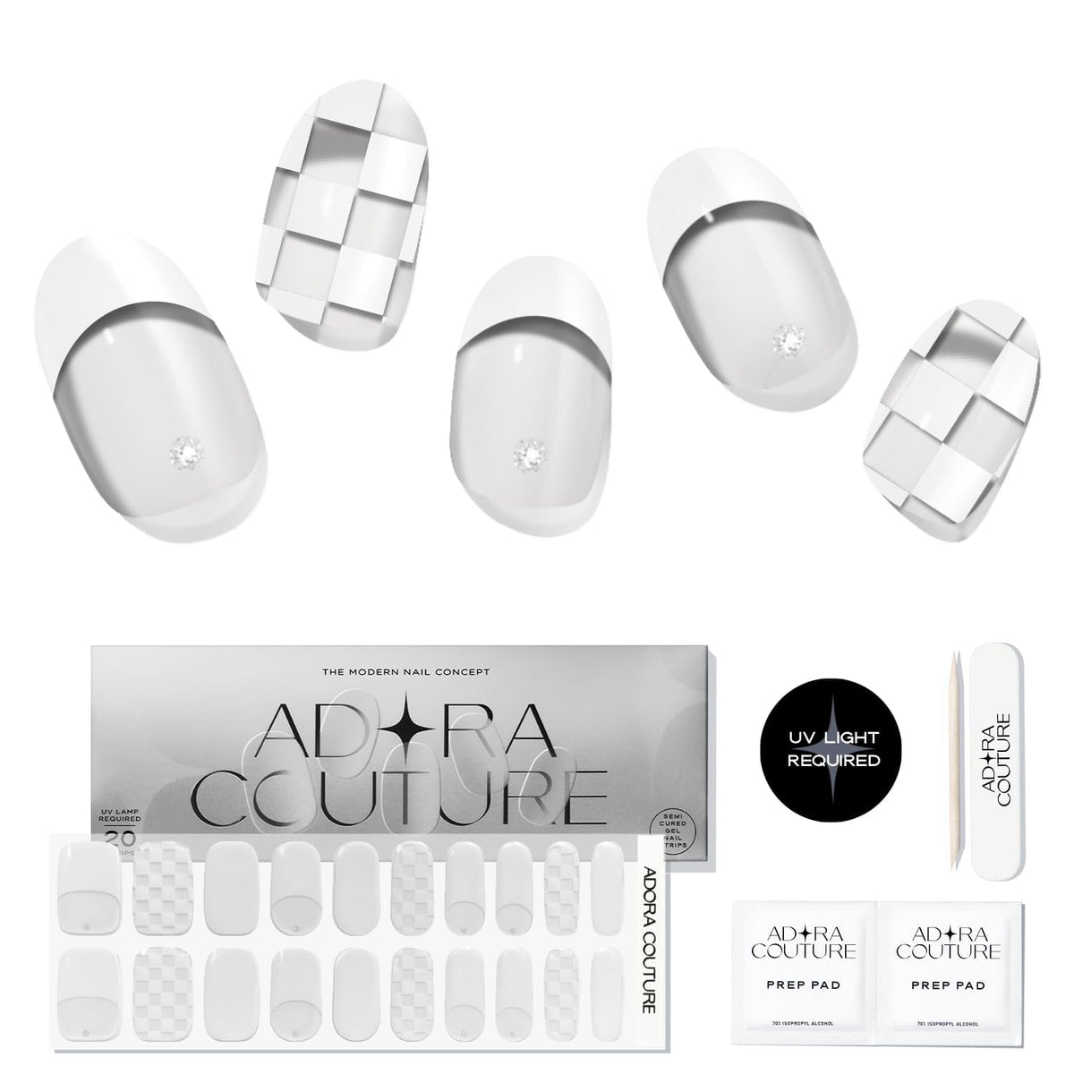Adora Couture packaging for semi-cured gel nail strips enables at-home manicure.