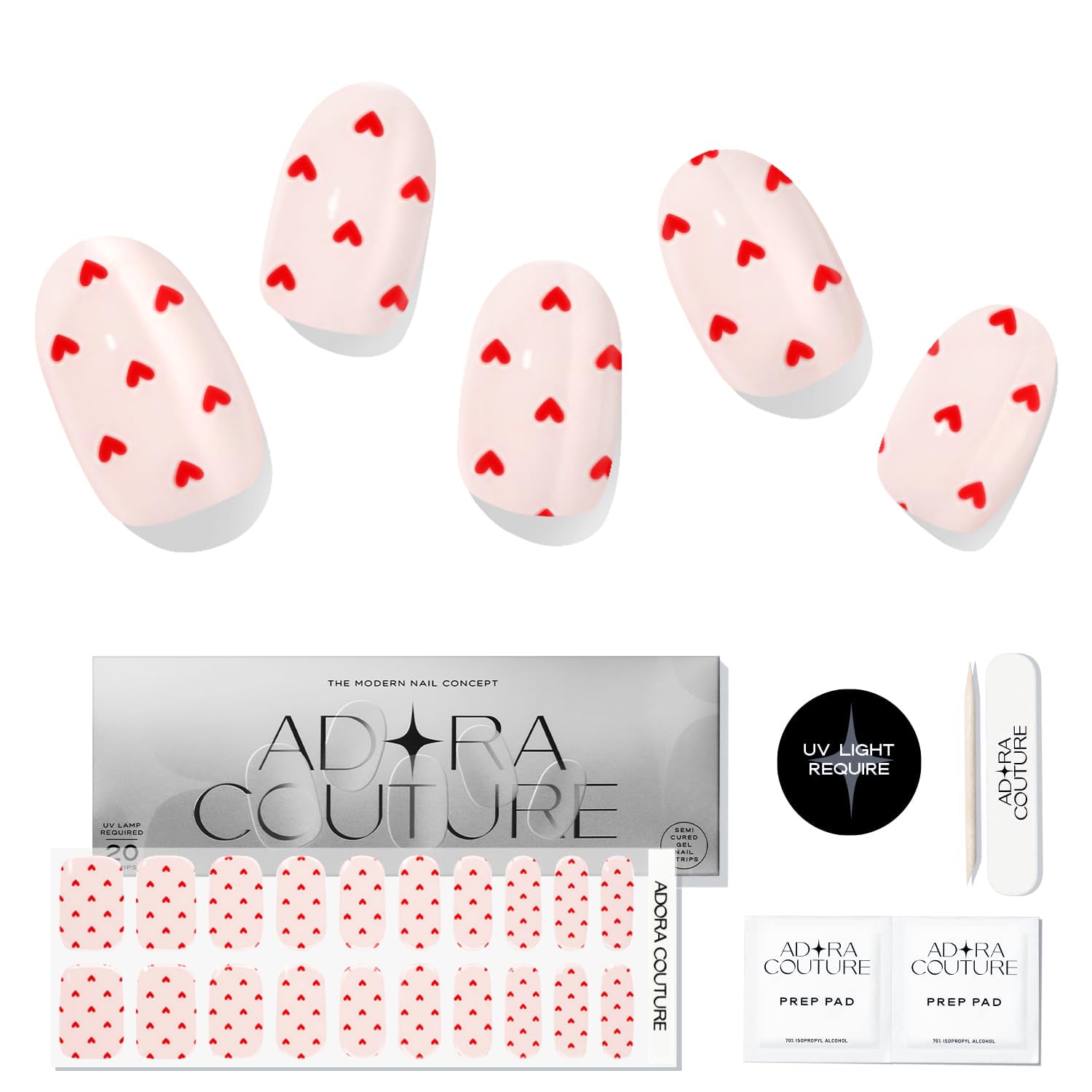 Adora Couture pink aflutter gel nail strips pack for a glossy salon-style finish.