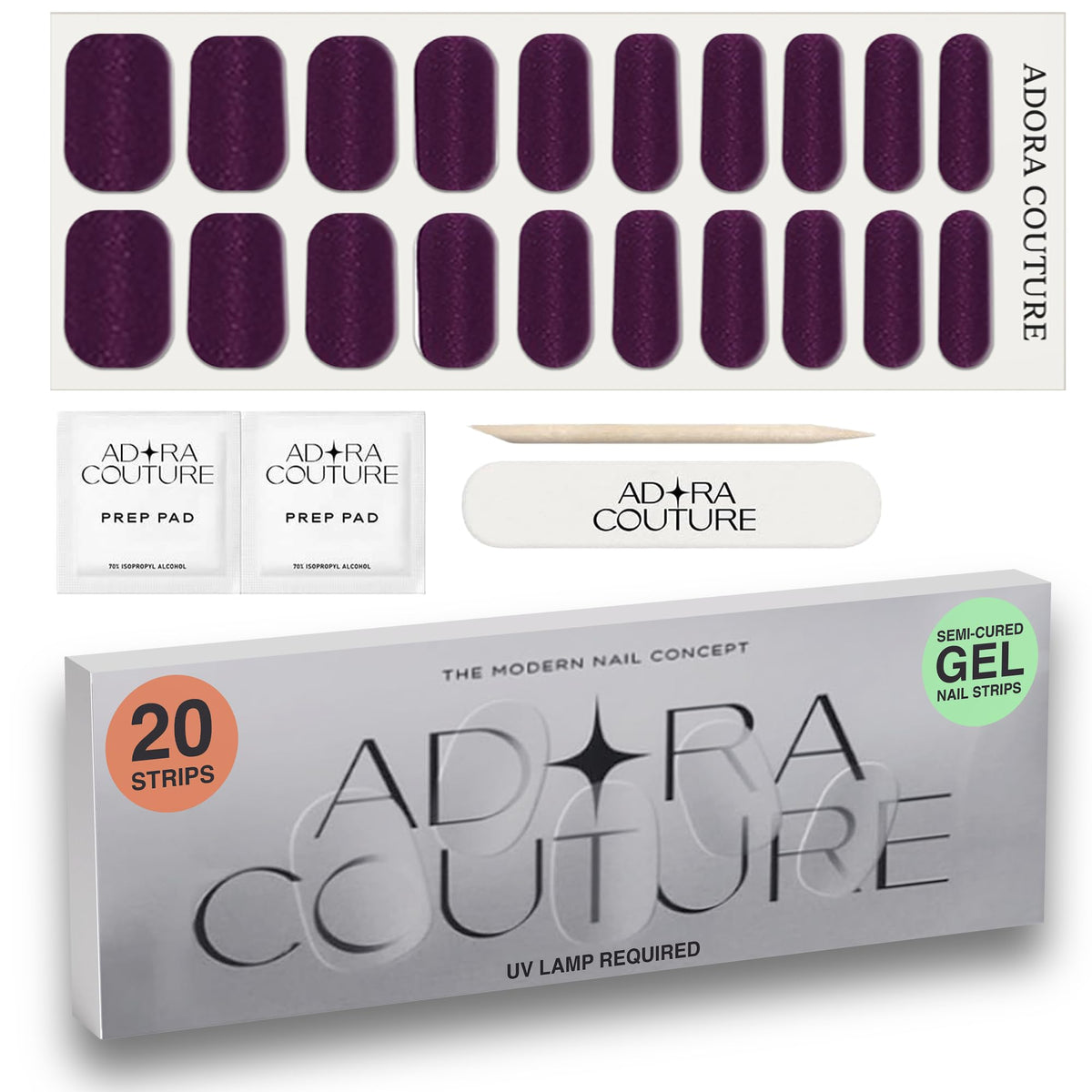 Adora Couture Velvet Plum semi-cured nail strips applied for a glossy at-home manicure.