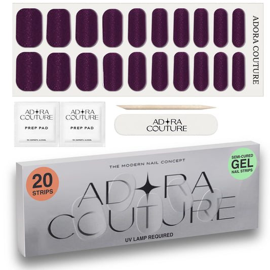 Adora Couture Velvet Plum semi-cured nail strips applied for a glossy at-home manicure.