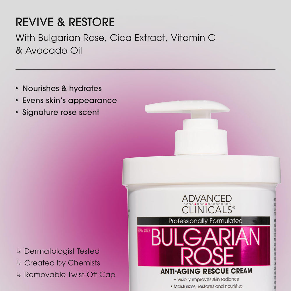 Advanced Clinicals Bulgarian Rose Lotion label close-up highlighting ingredients.