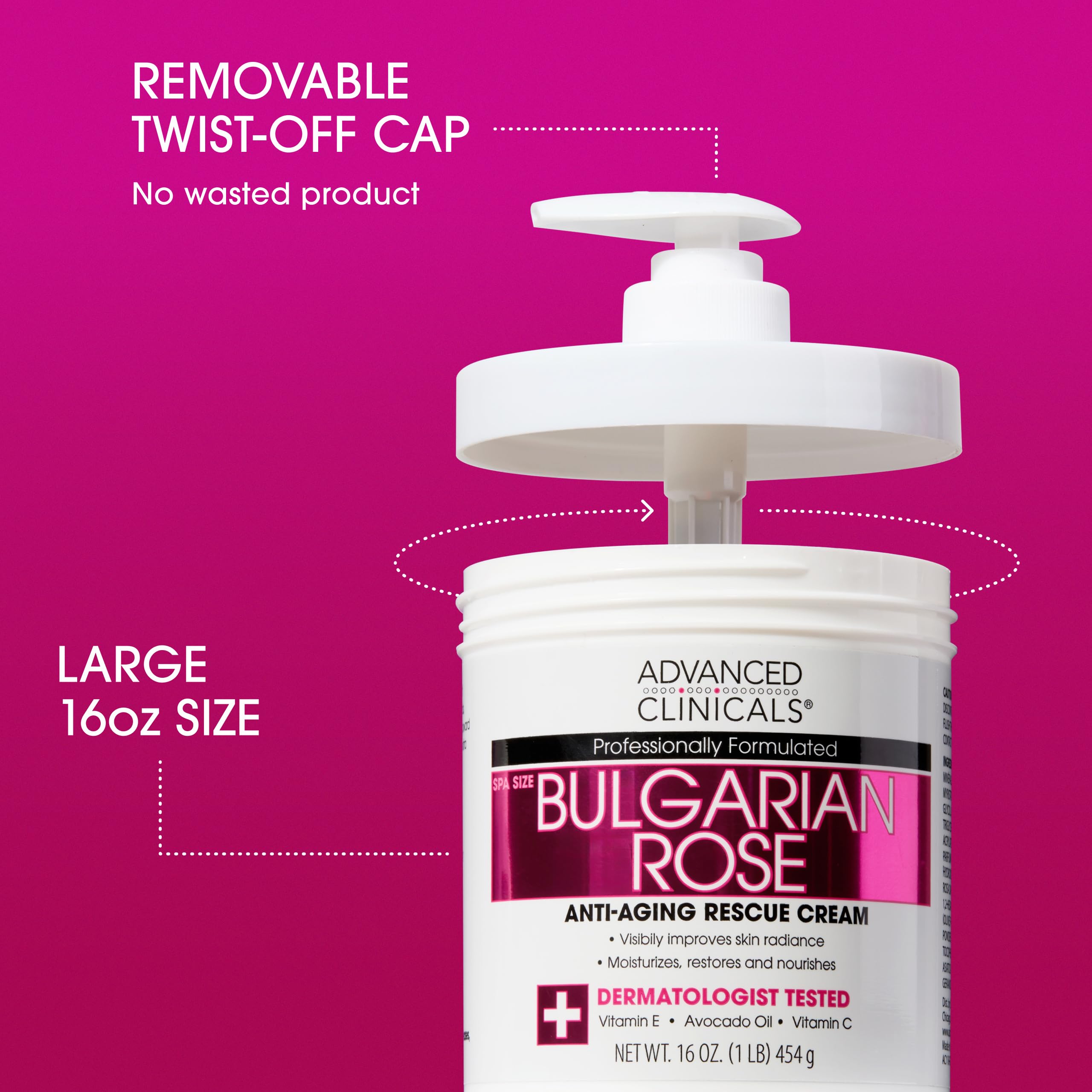 Advanced Clinicals Bulgarian Rose Lotion pump-action dispensing the lotion.