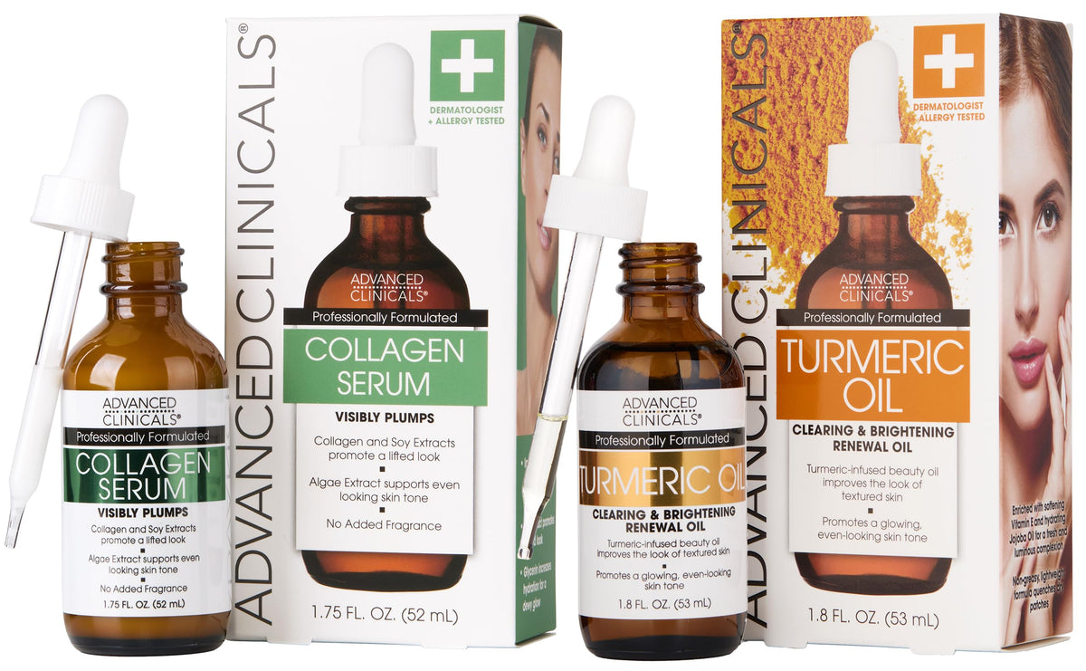 Advanced Clinicals collagen facial serum bottle showing hydration and smooth skin effect
