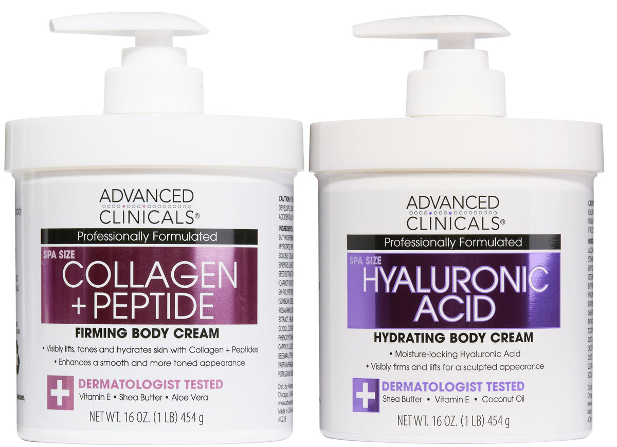 Advanced Clinicals collagen peptide body lotion bottle demonstrating rich hydration for skin.
