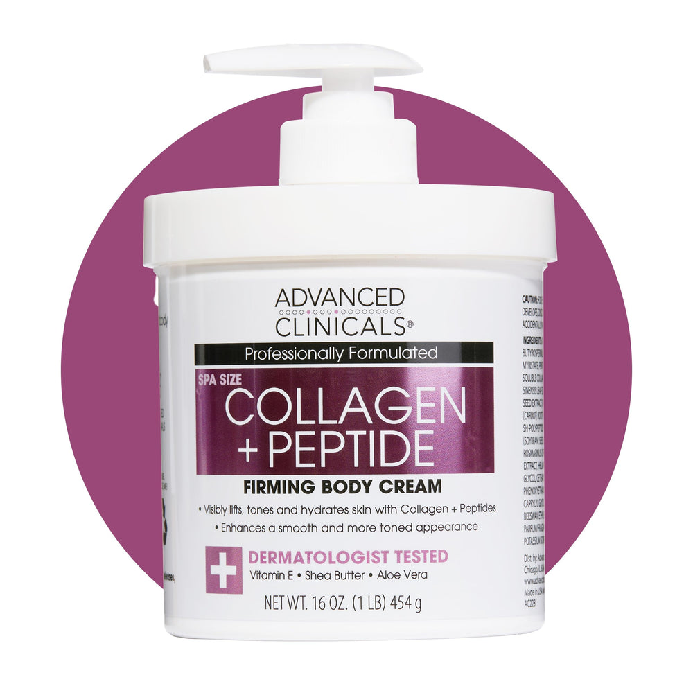 Advanced Clinicals collagen peptides body lotion pump bottle delivering rich hydration for firmer-looking skin